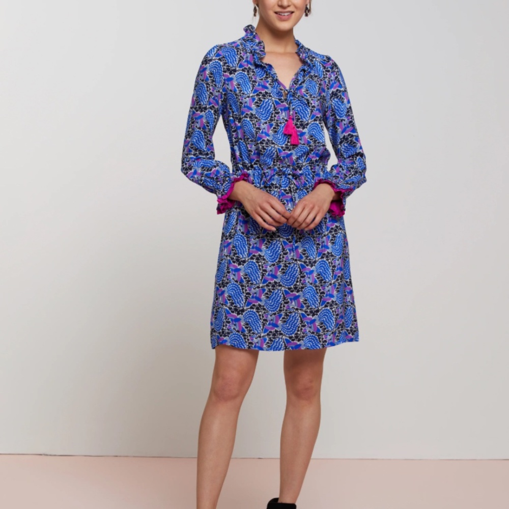 Rungolee Women Mini Silk Dress XXS Resort Vacation Peacock Preppy Bold Cruise